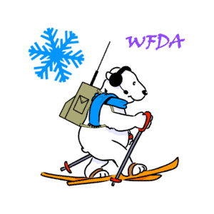 bear on skis wearing backpack with antenna